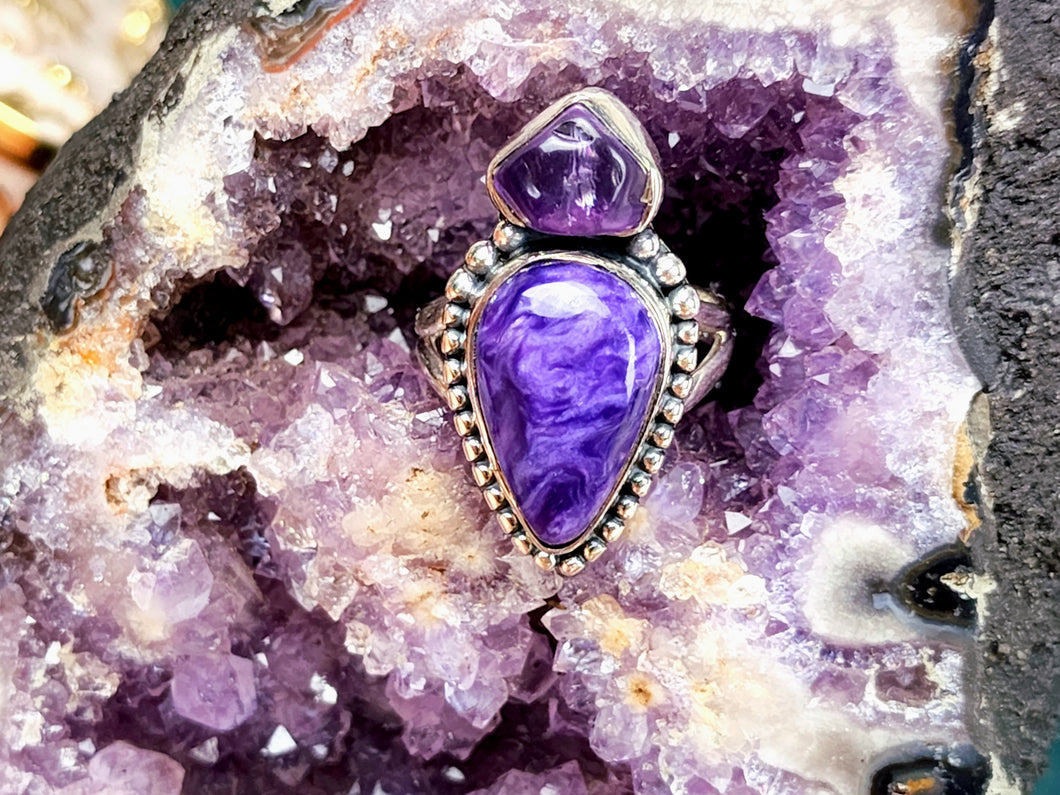 Charoite and Amethyst Sterling Silver Ring, size 6.5