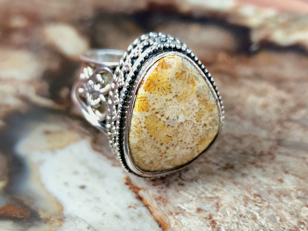 Fossilized Coral Sterling Silver Ring, size 9