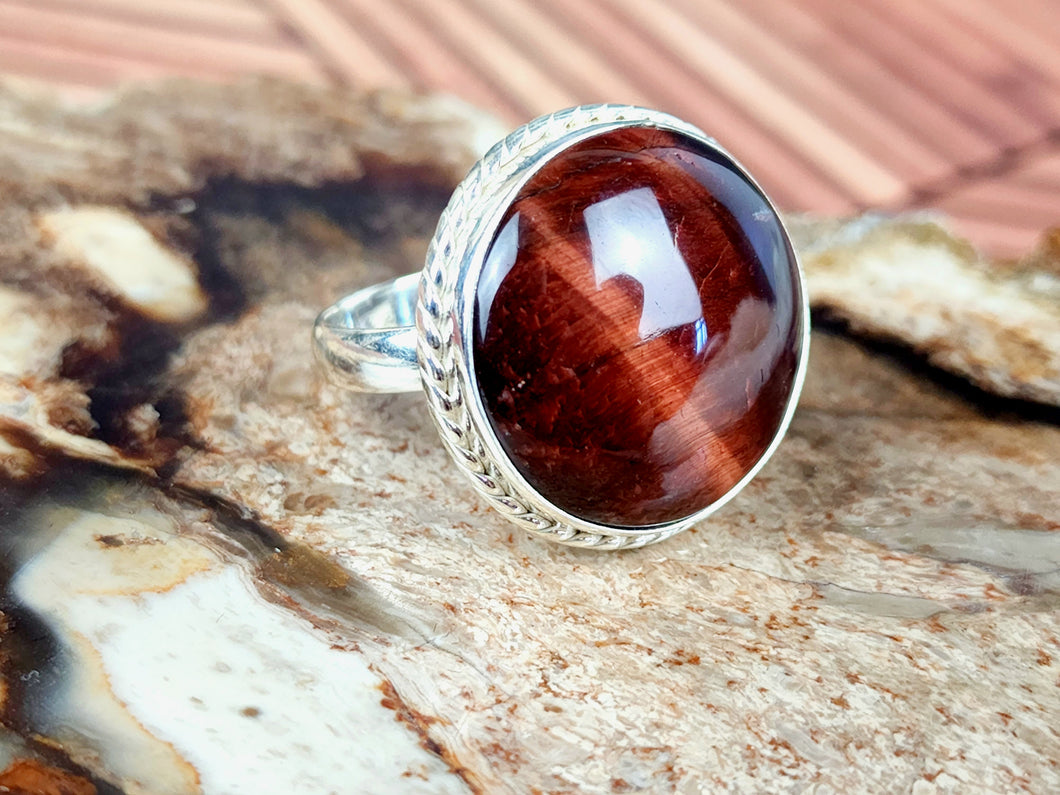 Red Tiger's Eye Large Sterling Silver Ring, size 10.25